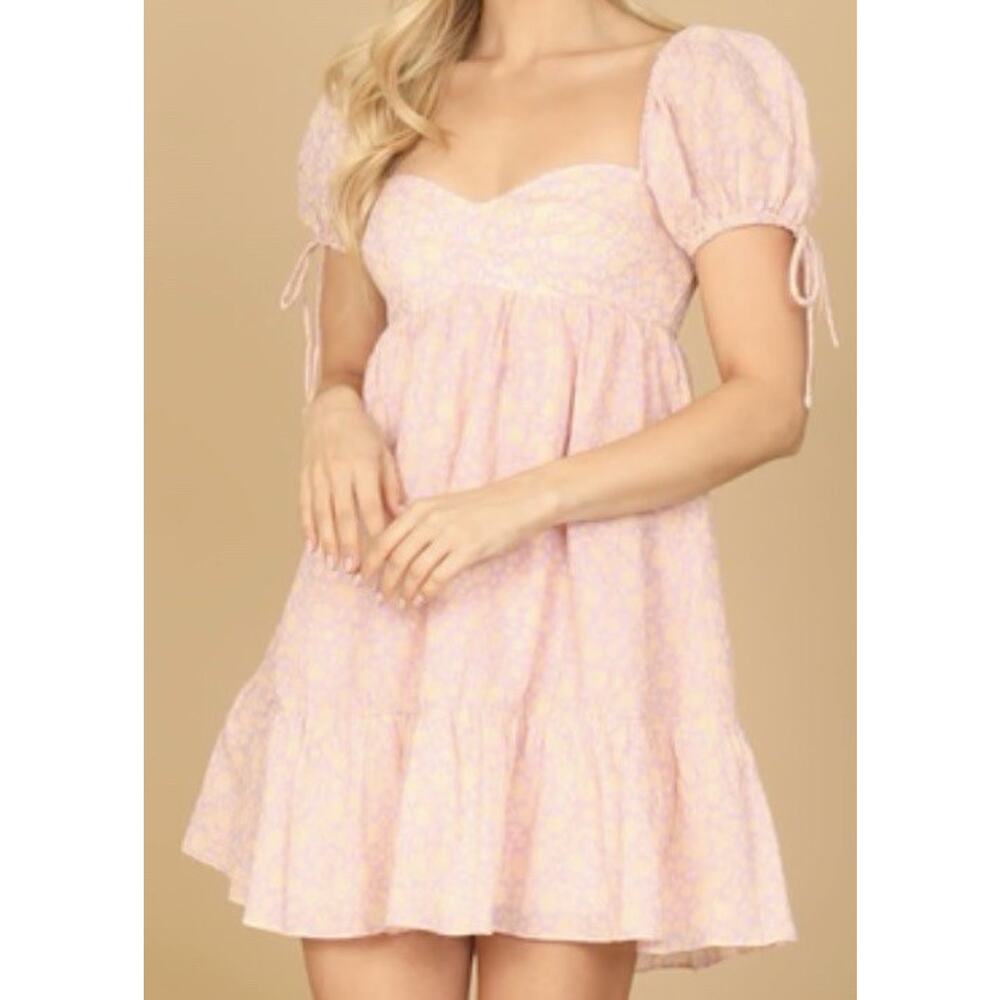 OLIVACEOUS Floral Puff Sleeve Cotton Boutique Babydoll Dress Mini Romantic Sz M